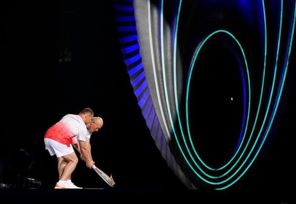 (260919) -- NAGOYA, Sept. 19, 2026 -- Torch bearers Murofushi Shigenobu (R) and Murofushi Koji prepare to light the cauldron during the opening ceremony of the 20th Asian Games Aichi-Nagoya 2026 in Nagoya, Japan, Sept. 19, 2026. ) (SP)JAPAN-NAGOYA-ASIAN GAMES-OPENING CEREMONY CenxYunpeng 