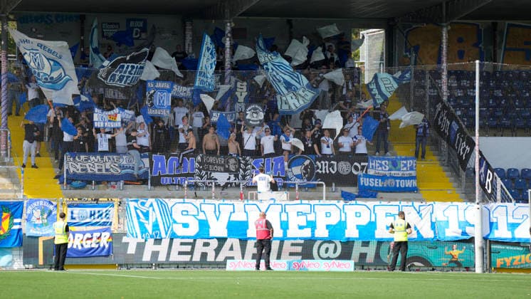 September 19, 2026, Dietmar Hopp Stadium, Hoffenheim, GER, 3rd Division, Matchday 7: TSG 1899 Hoffenheim II vs. SV Meppen, SVM fans with flags; DFL regulations prohibit any use of photographs as image sequences and or quasi-video; Hoffenheim, Baden-Württemberg, Dietmar Hopp Stadium