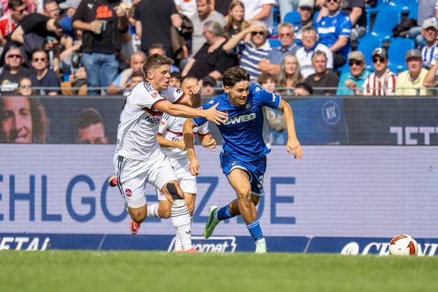 September 19, 2026, xdaymx, Soccer, 2nd Bundesliga, Karlsruher SC 1–0 FC Nürnberg, featuring Finn Becker (FC Nürnberg) and Rafael Pedrosa (Karlsruher SC). DFL and DFB regulations prohibit any use of photographs as image sequences and or quasi-video. Karlsruhe