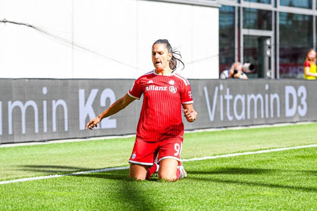 September 19, 2026, Munich, Germany: Google Pixel Women s Bundesliga—FC Bayern Munich Women vs. 1. FC Köln Women at the FC Bayern Campus; Jovana Damnjanovic of FC Bayern Munich Women celebrates after scoring a goal