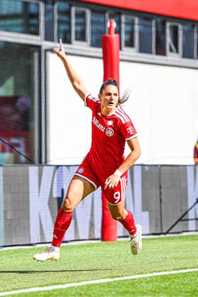 September 19, 2026, Munich, Germany: Google Pixel Women s Bundesliga—FC Bayern Munich Women vs. 1. FC Köln Women at the FC Bayern Campus; Jovana Damnjanovic of FC Bayern Munich Women celebrates after scoring a goal