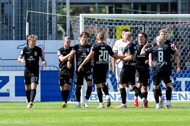 Players from SSV Ulm 1846 celebrate the goal that tied the score at 1-1, Celebration, goal celebration, scoring a goal, celebrate the goal, goal, celebration, celebrating the goal, joy, happiness, happy, optimistic, positive, game scene, highlight, action, 09 19 2026, Sandhausen, Germany, soccer, Regionalliga Südwest, SV Sandhausen vs. SSV Ulm 1846 xozx
