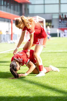 Jovana Damnjanovic (9, Bayern) and Sophie Proost (23, FC Bayern) celebrate the 1-0 goal during the Google Pixel Women s Bundesliga match between FC Bayern Munich and 1. FC Köln on September 19, 2026, at the FC Bayern Campus in Munich, Bavaria, Germany
