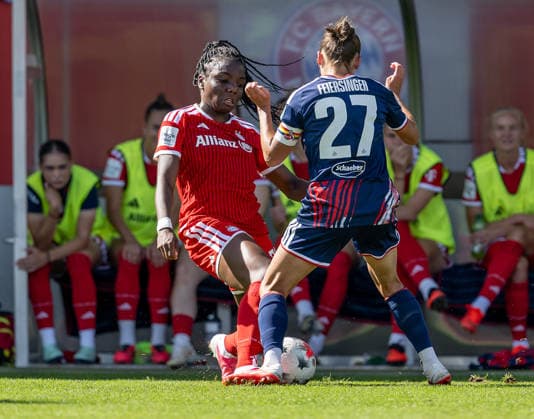 Battle for the Ball: Tackle between Edna Imade of FC Bayern Munich Women, 29, and Laura Feiersinger of 1. FC Köln, 27 (GER), FC Bayern Munich Women vs. 1. FC Köln, Soccer, Google Pixel Women’s Bundesliga, Matchday 5, 2026–2027 Season, September 19, 2026 DFL DFB regulations prohibit any use of photographs as image sequences and or quasi-video. Photo: HMB Media, Heike Feiner Copyright: HMBxMedia HeikexFeiner
