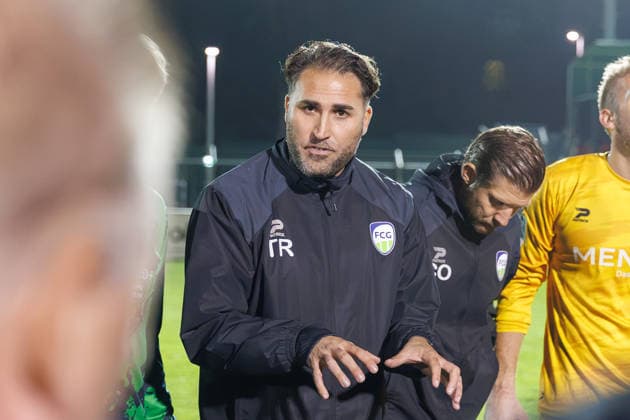 September 18, 2026, xkwix, Soccer, Regionalliga West, SV Rödinghausen vs. FC Gütersloh, Häcker Wiehenstadion, Matchday 9, 2026–2027 season: Julian Hesse, coach of FC Gütersloh, gesturing in a circle at the end of the game. DFB regulations prohibit any use of photographs as image sequences and or quasi-video. Photo: xKamilxWilkowskixPressefotoKochx, North Rhine-Westphalia, Germany
