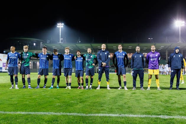 September 18, 2026, xkwix, Soccer, Regionalliga West, SV Rödinghausen vs. FC Gütersloh, Häcker Wiehenstadion, Matchday 9, 2026–2027 Season: The players from Gütersloh stand disappointed in front of the visitors section. DFB regulations prohibit any use of photographs as image sequences and or quasi-video. Photo: xKamilxWilkowskixPressefotoKochx, North Rhine-Westphalia, Germany