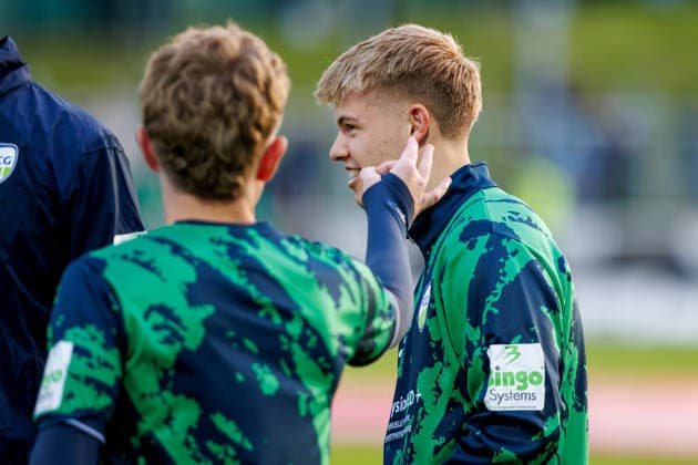 September 18, 2026, xkwix, Soccer, Regionalliga West, SV Rödinghausen vs. FC Gütersloh, Häcker Wiehenstadion, Matchday 9, 2026–2027 Season: Erik Lanfer of FC Gütersloh 28 gets a flick on the ear. DFB regulations prohibit any use of photographs as image sequences and or quasi-video. Photo: xKamilxWilkowskixPressefotoKochx, North Rhine-Westphalia, Germany