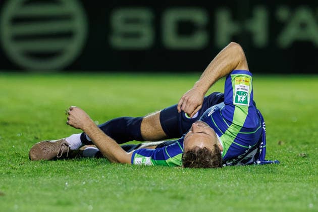 September 18, 2026, xkwix, Soccer, Regionalliga West, SV Rödinghausen vs. FC Gütersloh, Häcker Wiehenstadion, Matchday 9, 2026–2027 Season: Julius Langfeld of FC Gütersloh lies disappointed on the ground. DFB regulations prohibit any use of photographs as image sequences and or quasi-video. Photo: xKamilxWilkowskixPressefotoKochx, North Rhine-Westphalia, Germany