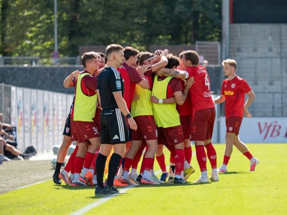 Goal to make it 0–2 by Nassim Boujellab (SSV Jahn Regensburg), 10, team celebration GER, soccer, VfB Stuttgart II vs. SSV Jahn Regensburg, Landesliga 2, Matchday 8, Leinfelden-Echterdingen, 2026–2027 season, September 19, 2026, GER, Soccer, VfB Stuttgart II vs. SSV Jahn Regensburg, 3. Liga, Matchday 8, 2026–2027 season, September 19, 2026, Leinfelden-Echterdingen Copyright: xCarstenxSchweringx EP_CSG
