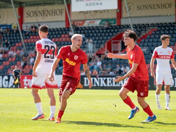 Goal to make it 0–3 by Sascha Hingerl of SSV Jahn Regensburg, 35 (left), Celebration with Nicolas Oliveira, SSV Jahn Regensburg, 25 GER, soccer, VfB Stuttgart II vs. SSV Jahn Regensburg, Landesliga 2, Matchday 8, Leinfelden-Echterdingen, 2026–2027 season, September 19, 2026, Germany, soccer, VfB Stuttgart II vs. SSV Jahn Regensburg, 3rd League, Matchday 8, 2026–2027 season, September 19, 2026, Leinfelden Echterdingen Copyright: xCarstenxSchweringx EP_CSG