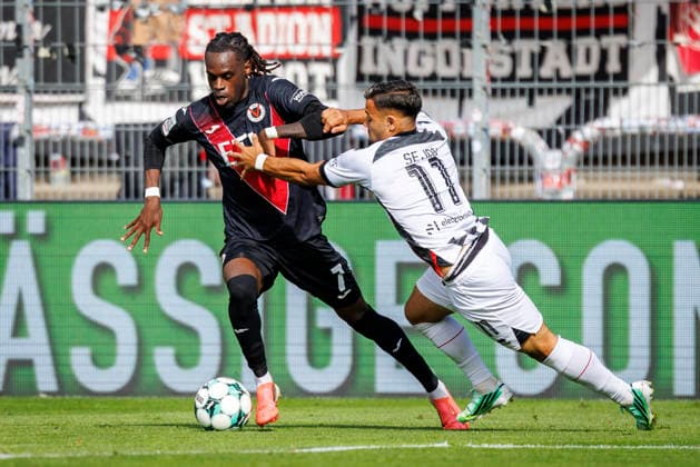 KOELN, GERMANY - SEPTEMBER 19, 2026: Yannick Tonye (Viktoria Köln, 7) tackled by Sejdo Durakov (FC Ingolstadt, 11) during the 3rd division match on gameday 7 between Viktoria Koeln vs. FC Ingolstadt at the Sportpark Hoehenberg on September 19, 2026 in Koeln, Germany. DFL REGULATIONS PROHIBIT ANY USE OF PHOTOGRAPHS AS IMAGE SEQUENCES AND OR QUASI-VIDEO. Nordrhein-Westfalen Germany Copyright: xAxelxKohringx