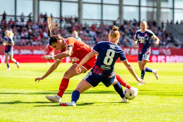 Jovana Damnjanovic (9, Bayern) and Laura Vogt (8, Cologne) in action during the Google Pixel Women s Bundesliga match between FC Bayern Munich and 1. FC Cologne on September 19, 2026, at the FC Bayern Campus in Munich, Bavaria, Germany