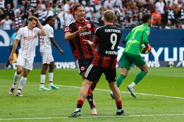 Soccer, Bundesliga 1: Eintracht Frankfurt vs. SC Freiburg on September 19, 2026, at Deutsche Bank Park in Frankfurt—cheers, goal celebrations, Goal scorers, goal scorer Younes Ebnoutalib (Frankfurt, No. 11) celebrates after scoring the 1–0 goal with Jonathan Jonny Burkardt (Frankfurt, No. 9) MH