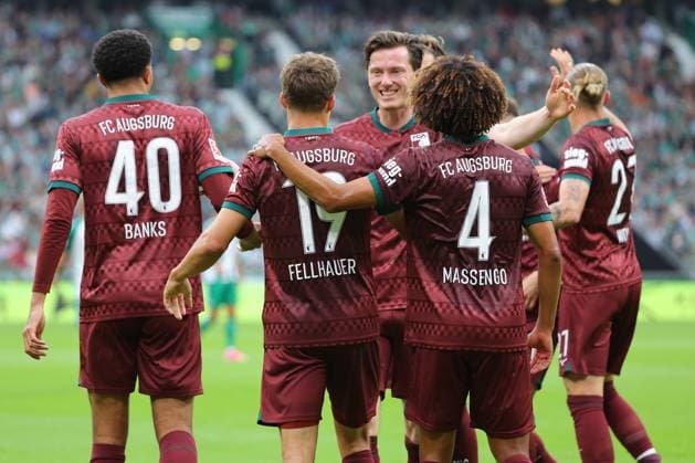 September 26, 2019, Germany, Soccer, 1. Bundesliga Men, Matchday 4, 2026–2027 Season, SV Werder Bremen vs. FC Augsburg Goal Celebration Cheering Goal Scorer(s) Robin Fellhauer FC Augsburg 19 celebrates the goal making it 0–1 at the Weserstadion in Bremen, Germany Copyright: xnordphotoxGmbHx xTauchnitzx