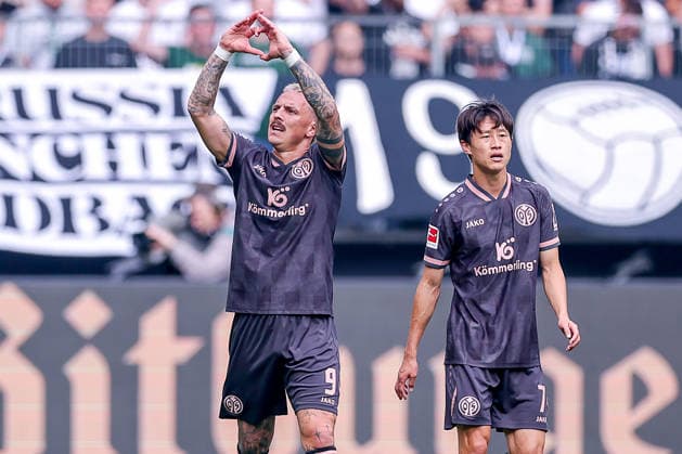 September 19, 2026, Soccer, Borussia Mönchengladbach 1 FSV Mainz 05, 1 Bundesliga, Matchday 4, Ista Borussia Park, 2026–27 Season, Goal celebration after the 1–1 goal by Phillip Tietz, 1 FSV Mainz 05, 09. DFB regulations prohibit any use of photographs as image sequences and or quasi-video. North Rhine-Westphalia, Germany