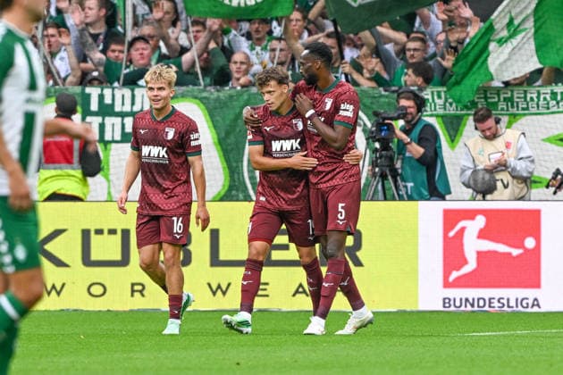 1 Bundesliga: SV Werder Bremen vs. FC Augsburg on September 19, 2026, at the Weserstadion in Bremen—celebrations, goal celebrations, goal scorers; the goal scorer celebrates after scoring the 0-1 goal: Chrislain Matsima (Augsburg) MT
