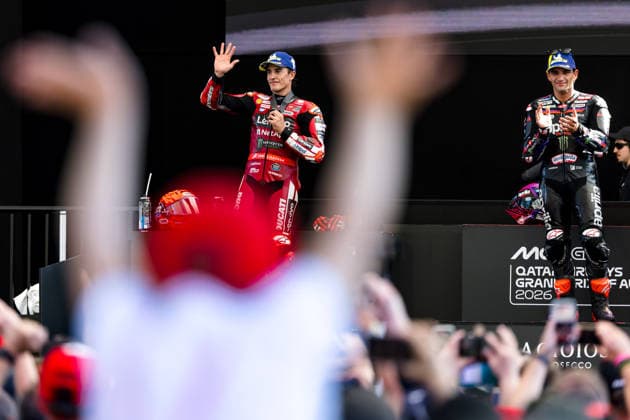 MOTORSPORTS - MotoGP, GP of Austria 2026 SPIELBERG,AUSTRIA,19.SEP.26 - MOTORSPORTS - MotoGP, Grand Prix of Austria, Red Bull Ring, Tissot sprint, award ceremony. Image shows the rejoicing of Marc Marquez (ESP Ducati Lenovo Team) and Jorge Martin (ESP Aprilia Racing).  GEPAxpictures xMaticxKlansek