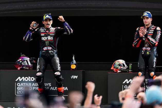 MOTORSPORTS - MotoGP, GP of Austria 2026 SPIELBERG,AUSTRIA,19.SEP.26 - MOTORSPORTS - MotoGP, Grand Prix of Austria, Red Bull Ring, Tissot sprint, award ceremony. Image shows the rejoicing of Jorge Martin (ESP Aprilia Racing) and Marco Bezzecchi (ITA Aprilia Racing).  GEPAxpictures xMaticxKlansek