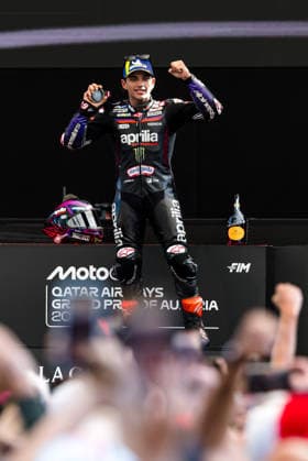 MOTORSPORTS - MotoGP, GP of Austria 2026 SPIELBERG,AUSTRIA,19.SEP.26 - MOTORSPORTS - MotoGP, Grand Prix of Austria, Red Bull Ring, Tissot sprint, award ceremony. Image shows the rejoicing of Jorge Martin (ESP Aprilia Racing).  GEPAxpictures xMaticxKlansek