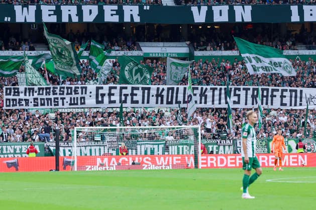 Werder Bremen fans protest against collective punishments with a banner during the Bundesliga match between SV Werder Bremen and FC Augsburg at Weserstadion on September 19, 2026, in Bremen, Germany. Photo by Marco Steinbrenner, DeFodi Images. Werder Bremen fans are protesting against collective punishments with a banner during the Bundesliga match between SV Werder Bremen and FC Augsburg at Weserstadion on September 19, 2026 in Bremen, Germany. Photo by Marco Steinbrenner, DeFodi Images. DFB and DFL regulations prohibit any use of photographs as image sequences and or quasi-video. Photo by Marco Steinbrenner, DeFodi Images.