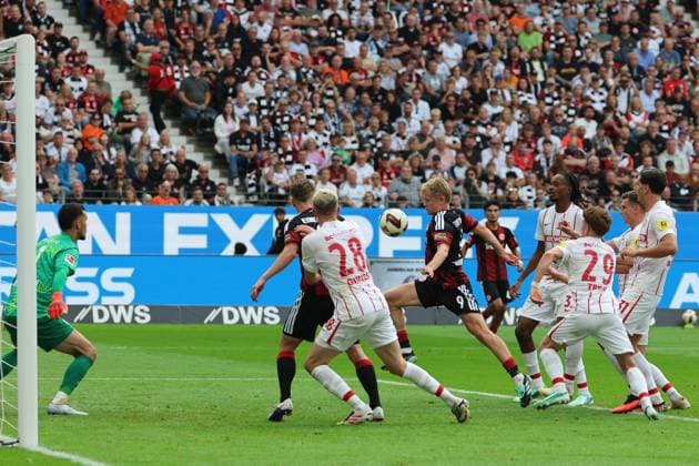 Goal to make it 2–1 by Jonathan Burkhardt, Jonathan Michael Jonny Burkardt, Jonny Burkardt, Eintracht Frankfurt, No. 9, from the scramble in front of the goal defended by goalkeeper Mio Backhaus of SC Freiburg, 1, Eintracht Frankfurt vs. SC Freiburg, Bundesliga, BL, 2026–2027 season, Match 4, September 19, 2026, Frankfurt, Deutsche Bank Park, Germany