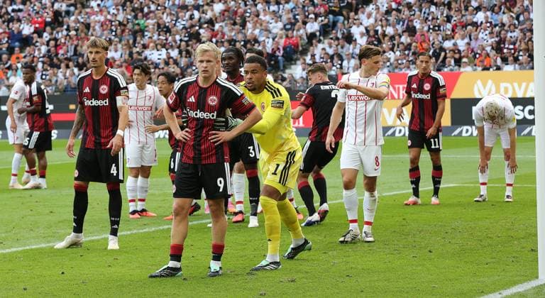 September 19, 2026 xmgoodx Frankfurt am Main, Deutsche Bank Park Bundesliga Season 2026–2027 Eintracht Frankfurt vs. SC Freiburg Goalkeeper Noah Atubolu 1, Eintracht Frankfurt s Jonathan Burkhardt 9, Eintracht Frankfurt takes the lead. DFL and DFB regulations prohibit any use of photographs as image sequences and or quasi-video.