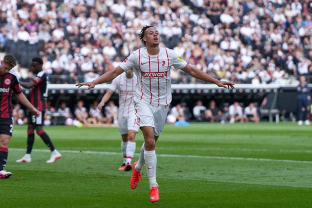 Derry Scherhant, SC Freiburg, 07 Goal celebration, Emotions, Shot on goal, Finish, Goal scored, Goal, Goal, Germany, Soccer, Bundesliga 1, Matchday 4, 2026–2027, Eintracht Frankfurt vs. SC Freiburg, September 19, 2026, Deutsche Bank Park, Frankfurt, Frankfurt, Deutsche Bank Park, Hesse, Germany Copyright: xArnexAmbergx