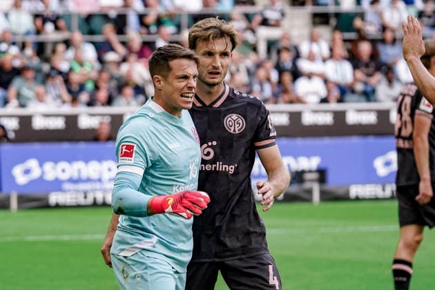 Germany Soccer Season 2026–2027, Bundesliga 1, Matchday 4, Borussia Mönchengladbach vs. 1. FSV Mainz 05 at Borussia Park, Mönchengladbach; Alexander Schwollow, 1. FSV Mainz 05, 1 facial expression, emotion, joy, celebration, gesture, body language, emotion, Mönchengladbach, ista, Borussia Park, Germany Copyright: xBennetxLongx