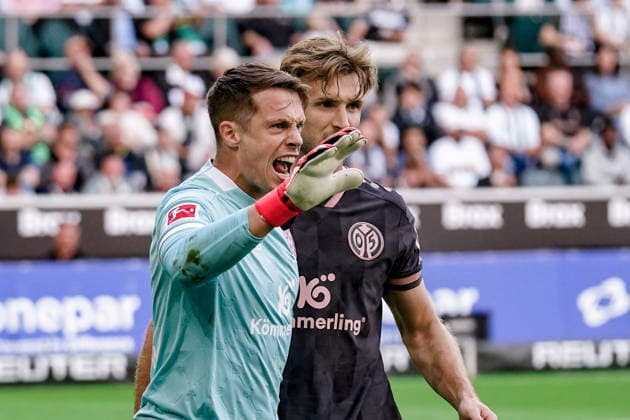 Germany Soccer Season 2026–2027, Bundesliga 1, Matchday 4, Borussia Mönchengladbach vs. 1. FSV Mainz 05 at Borussia Park, Mönchengladbach; Alexander Schwollow, 1. FSV Mainz 05, 1 facial expression, emotion, joy, celebration, gesture, body language, emotion, Mönchengladbach, ista, Borussia Park, Germany Copyright: xBennetxLongx