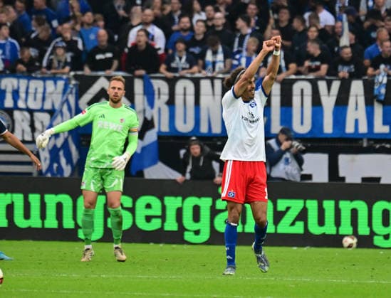 September 19, 2026, German Soccer, Men, 1st Division, Matchday 4, 2026–2027 Season, Hamburg, Hamburger SV vs. 1. FC Köln: Yussuf Poulsen (HSV 15) scores the goal to make it 2–0 for Hamburg, and Nicolai Remberg (HSV 21) celebrates. DFB and DFL regulations prohibit any use of photographs as image sequences and or quasi-video. Hamburg Volksparkstadion, Hamburg, Germany Copyright: xnordphotoxGmbH xWitkex