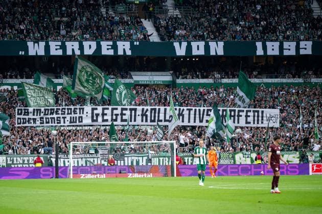 September 19, 2026, Germany, Soccer, Men s, 1st Bundesliga, 2026–2027 season, Matchday 4, SV Werder Bremen vs. FC Augsburg Ultras banner: Whether in Dresden or anywhere else, against collective punishment. DFB and DFL regulations prohibit any use of photographs as image sequences and or quasi-video. Bremen Weserstadion, Bremen, Germany Copyright: xNordphoto Memmlerx