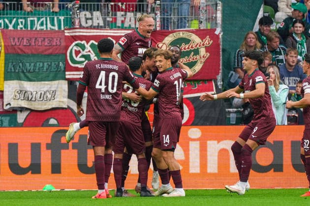 Calvin Brackelmann, FC Augsburg, scores the second goal to make it 0–2 for FC Augsburg; goal celebration, joy, emotions, German soccer, Bundesliga, 2026–27 season, Matchday 4, September 19, 2026, Werder Bremen vs. FC Augsburg, Weserstadion, Bremen Copyright: xLeonxFrickx