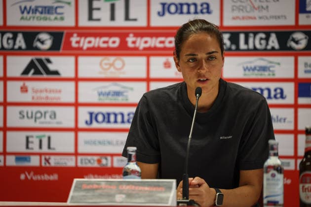 3rd Division, 2026–27 Season: Victoria Cologne vs. FC Ingolstadt 04. FCI Head Coach Sabrina Wittmann at the postgame press conference. XXXXX. Photo by Jürgen Meyer. 3rd Division, 2026–27 Season: Victoria Cologne vs. FC Ingolstadt 04