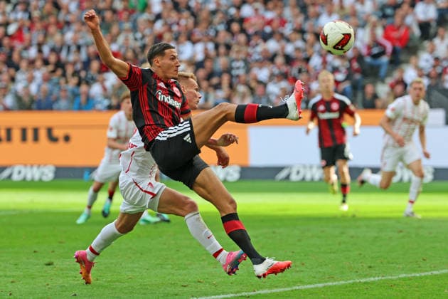 Younes Ebnoutalib of Eintracht Frankfurt, No. 11, attempts an acrobatic shot; Eintracht Frankfurt vs. SC Freiburg, Bundesliga, BL, 2026–2027 season, Game 4, September 19, 2026, Frankfurt, Deutsche Bank Park, Germany