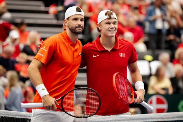 Denmark Davis Cup match between Denmark and Bulgaria: Bulgaria s Grigor Dimitrov and Denmark s Holger Rune before the Davis Cup match between Denmark and Bulgaria at Royal Stage, Hilleroed, Saturday, September 19, 2026. Photo by Sebastian Elias Uth, Ritzau Scanpix, Denmark  Copyright: SebastianxEliasxUthx spdk20260919-174602-L