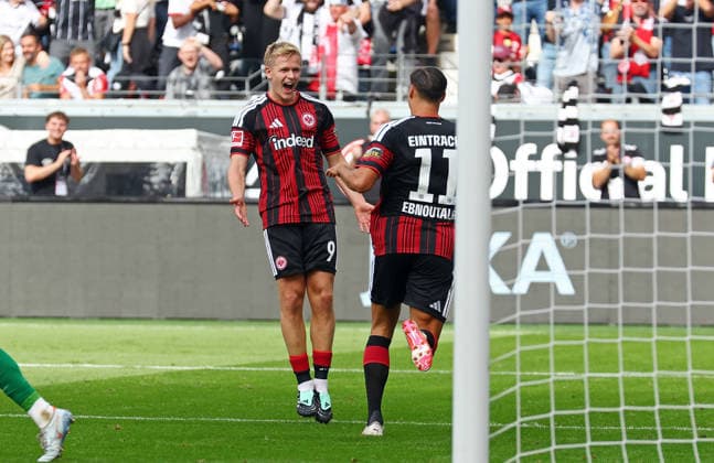 September 19, 2026, xovx, Soccer, Bundesliga, Eintracht Frankfurt vs. SC Freiburg: Jonathan Burkardt (Eintracht Frankfurt) and Younes Ebnoutalib (Eintracht Frankfurt) celebrate after scoring the 1–0 goal. DFL, DFB regulations prohibit any use of photographs as image sequences and or quasi-video. Eintracht Frankfurt