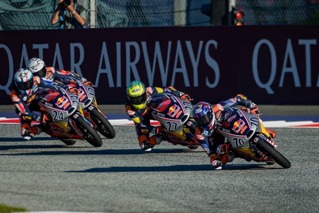 MOTORSPORTS - MotoGP, GP of Austria 2026 SPIELBERG,AUSTRIA,19.SEP.26 - MOTORSPORTS - Red Bull Rookies Cup, Grand Prix of Austria, Red Bull Ring. Image shows Guillem Planques (FRA Red Bull Rookies - France), Yaroslav Karpushin (KGZ Red Bull Rookies - Kyrgyzstan), Mateo Marulanda (COL Red Bull Rookies - Colombia) and Kristian Daniel Jr. (USA Red Bull Rookies - United States).  GEPAxpictures xMatthiasxTrinkl