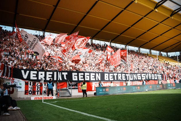 German Soccer 3rd Division 2026–2027, Matchday 7: Alemannia Aachen vs. Fortuna Düsseldorf at Tivoli Aachen—Düsseldorf fans united against stadium bans, banners, the visitors’ section, and stadium bans Copyright: xThiemoxRudolphx