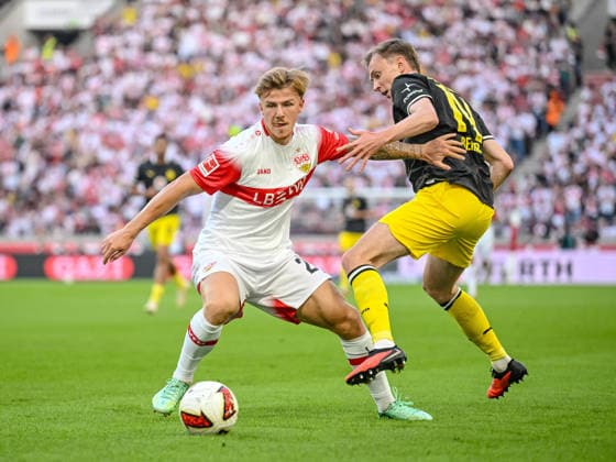 Finn Jeltsch of VfB Stuttgart and Maximilian Beier of Borussia Dortmund battle for the ball during the Bundesliga match between VfB Stuttgart and Borussia Dortmund, MHPArena on September 19, 2026, in Stuttgart, Germany. Photo by Harry Langer, DeFodi Images. Finn Jeltsch of VfB Stuttgart and Maximilian Beier of Borussia Dortmund battle for the ball during the Bundesliga match between VfB Stuttgart and Borussia Dortmund at MHPArena on September 19, 2026, in Stuttgart, Germany. Photo by Harry Langer, DeFodi Images. DFB and DFL regulations prohibit any use of photographs as image sequences and or quasi-video. Photo by Harry Langer, DeFodi Images. DFB and DFL regulations prohibit any use of photographs as imSEQUENCES AND OR QUASI-VIDEO