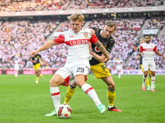 Finn Jeltsch of VfB Stuttgart and Maximilian Beier of Borussia Dortmund battle for the ball during the Bundesliga match between VfB Stuttgart and Borussia Dortmund, MHPArena on September 19, 2026, in Stuttgart, Germany. Photo by Harry Langer, DeFodi Images. Finn Jeltsch of VfB Stuttgart and Maximilian Beier of Borussia Dortmund battle for the ball during the Bundesliga match between VfB Stuttgart and Borussia Dortmund at MHPArena on September 19, 2026, in Stuttgart, Germany. Photo by Harry Langer, DeFodi Images. DFB and DFL regulations prohibit any use of photographs as image sequences and or quasi-video. Photo by Harry Langer, DeFodi Images. DFB and DFL regulations prohibit any use of photographs as imageSEQUENCES AND OR QUASI-VIDEO
