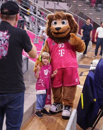 Bonni, the mascot, at the Telekom Baskets Bonn vs. Veolia Towers Hamburg game, Matchday 1 of the 2026–27 season