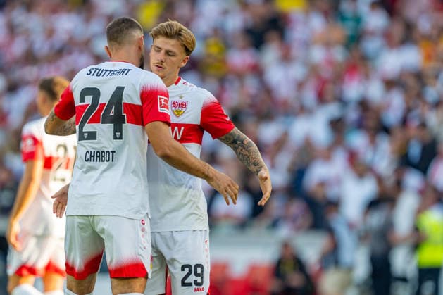 1 German Bundesliga: VfB Stuttgart vs. Borussia Dortmund, September 19, 2026, Stuttgart, GERMANY September 19, 2027 Jeff Chabot (VfB Stuttgart, 24) and Finn Jeltsch (VfB Stuttgart, 29) taking the ceremonial kickoff before the match between VfB Stuttgart and Borussia Dortmund on Matchday 4 of the 1. Bundesliga at the MHP ARENA Copyright: xBEAUTIFULxSPORTS Steinx