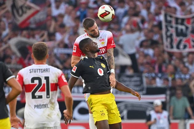 Jeff CHABOT, VfB Stuttgart, Action, Tackle against Serhou GUIRASSY, DO Soccer, Bundesliga, 2026–2027 Season, Matchday 4, VfB Stuttgart vs. Borussia Dortmund on September 19, 2026, MHP ARENA