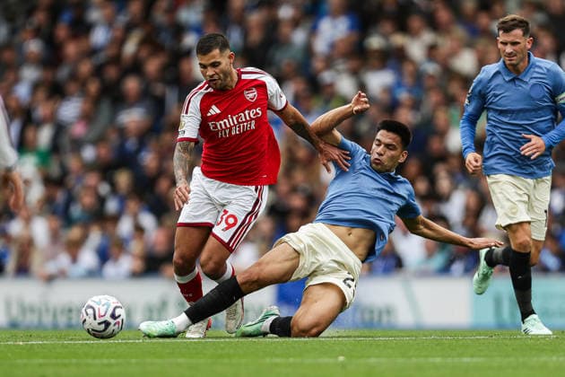 19th September 2026; American Express Stadium, Brighton, England; Premier League Football, Brighton and Hove Albion versus Arsenal; Bruno Guimaraes of Arsenal is fouled by Diego Gomez of Brighton and Hove Albion AndyxSkinner