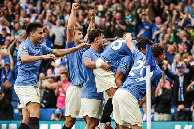 19th September 2026; American Express Stadium, Brighton, England; Premier League Football, Brighton and Hove Albion versus Arsenal; Chema Andres of Brighton and Hove Albion is congratulated by team mates AndyxSkinner