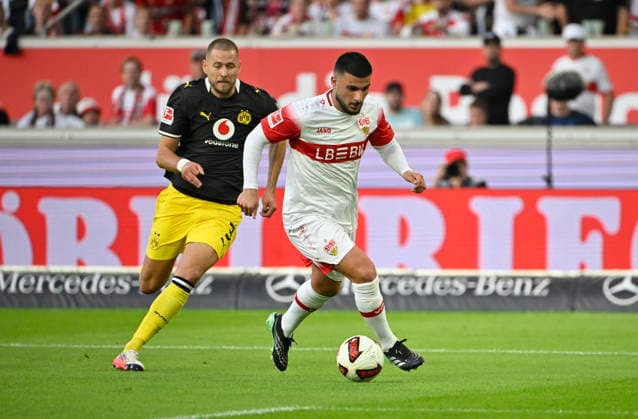 Tackle, Action: Deniz Undav (VfB Stuttgart 26) vs. Waldemar Anton (Borussia Dortmund BVB 03) VfB Stuttgart vs. Borussia Dortmund BVB September 19, 2026 DFL regulations prohibit any use of photographs as image sequences and or quasi-video materialVfB Stuttgart vs. Borussia Dortmund BVB
