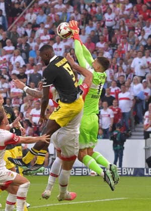 September 19, 2026, xblx, Soccer, Bundesliga 1, VfB Stuttgart vs. Borussia Dortmund, Serhou Guirassy (Borussia Dortmund), Fabian Bredlow (VfB Stuttgart). DFL and DFB regulations prohibit any use of photographs as image sequences and or quasi-video. Stuttgart
