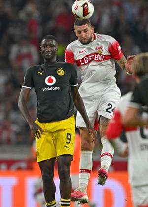 September 19, 2026, Soccer, Bundesliga 1, 2026–2027, Matchday 4, VfB Stuttgart vs. Borussia Dortmund, at the MHP Arena in Stuttgart, from left: Serhou Yadaly Guirassy (Borussia Dortmund) vs. Jeff Chabot (Stuttgart)