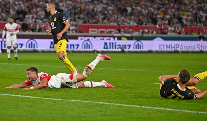 September 19, 2026, Soccer, Bundesliga 1, 2026–2027, Matchday 4, VfB Stuttgart vs. Borussia Dortmund, at the MHP Arena in Stuttgart, Ermedin Demirovic on the ground in Stuttgart