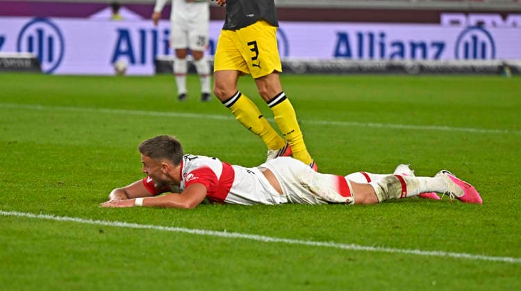 September 19, 2026, Soccer, Bundesliga 1, 2026–2027, Matchday 4, VfB Stuttgart vs. Borussia Dortmund, at the MHP Arena in Stuttgart, Ermedin Demirovic on the ground in Stuttgart